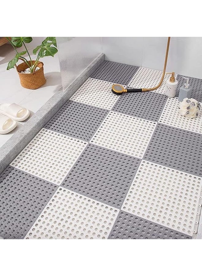 MunKan 12-Pcs PVC Bath Mat Non Slip Shower Mat Bathroom Mats Bathroom Rugs Interlocking Soft Floor Mats PVC Floor Mat with Drain Holes for Home Kitchen Bathroom Shower Pool Balcony ( 6pcs Gray+6pcs White ) - Image 1